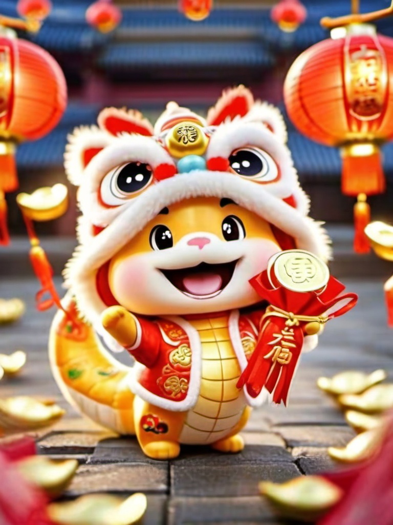 shenian,coin,hat,open mouth,chinese new year,lantern,smile,looking at viewer,brown eyes,blush,:3,paper lantern,solo,blurry,<lora:shenian:0.8>,, masterpiece, best quality,