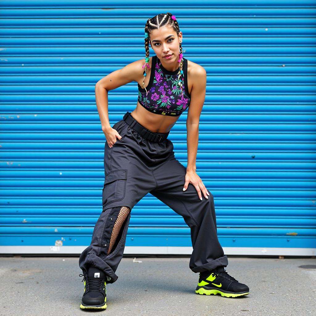This is a vibrant,  high-resolution photograph featuring a young woman posing energetically against a vibrant backdrop. Sh...