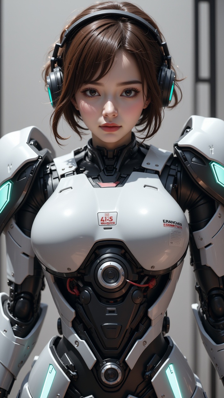 (masterpiece, best quality:1.2),1girl, chest, brown hair, headphones, lips, streamlined mecha, part of complex mecha structure, tightly fitting mecha, smooth metal surface, illuminated camera structure at arms, illuminated camera structure below chest, white breastplate, upper body, buttocks above, looking at the audience, realistic, sci-fi, short hair, solo