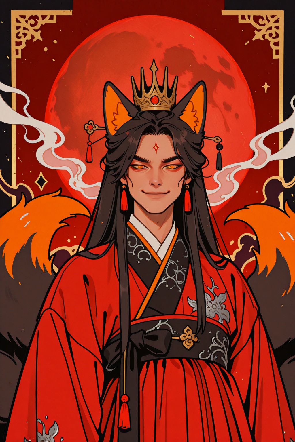 1man,  luxurious_red_hanbok,  silver_embroidery_foxes on Tensor.Art