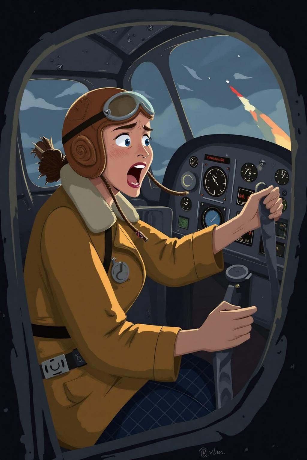vector art. A female pilot screaming inside the cockpit of a World War II bomber. The pilot,  wearing a vintage leather fl...