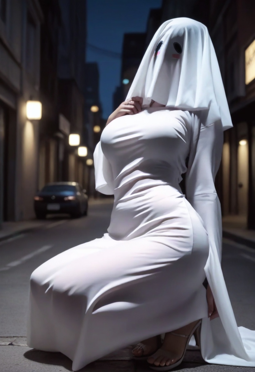 score_9,score_8_up,score_7_up,score_6_up,highres,night,aesthetic,blush,background of urban streets,masterpiece,raw,realistic,high-resolution,(detailed),(photograpy),(photorealistic),seductive smile,large breasts,depth of field,wide_shot,1girl,ghost costume,1girl,blush stickers,solo,breasts,ghost,<lora:youling:1>,wide squatting,dress,on back,