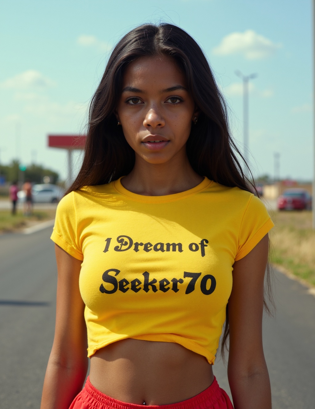cinematic photo from the front of busty 18 year old Ethiopian girl,  huge saggy breasts stretching her shirt,  wearing tig...