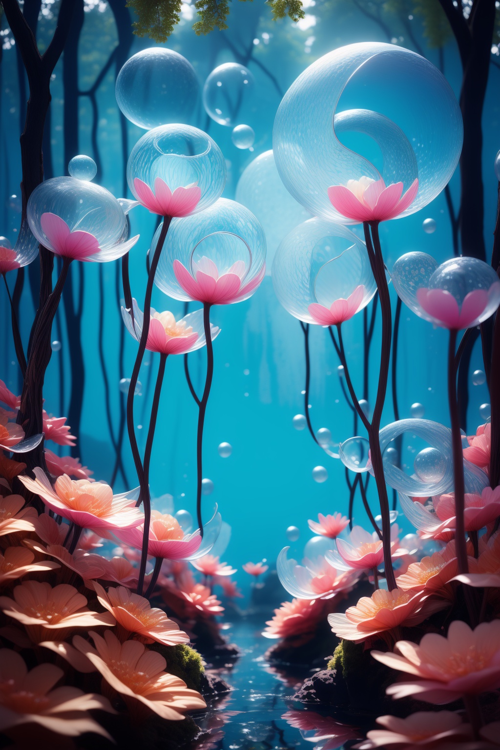 <lora:AgainWonderlandForest:1>,AgainWonderlandForest, scenery, nature, flower, no humans, forest, tree, blurry, water, outdoors, transparent, bubble, depth of field, reflection, blue theme, paper, plant, sunlight, fantasy, solo