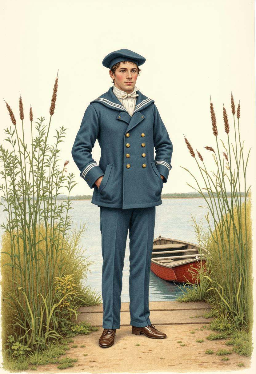 Charming Victorian watercolor painting,  by Kate Greenaway. Features man in a blue sailor's outfit,  and matching hat. He...
