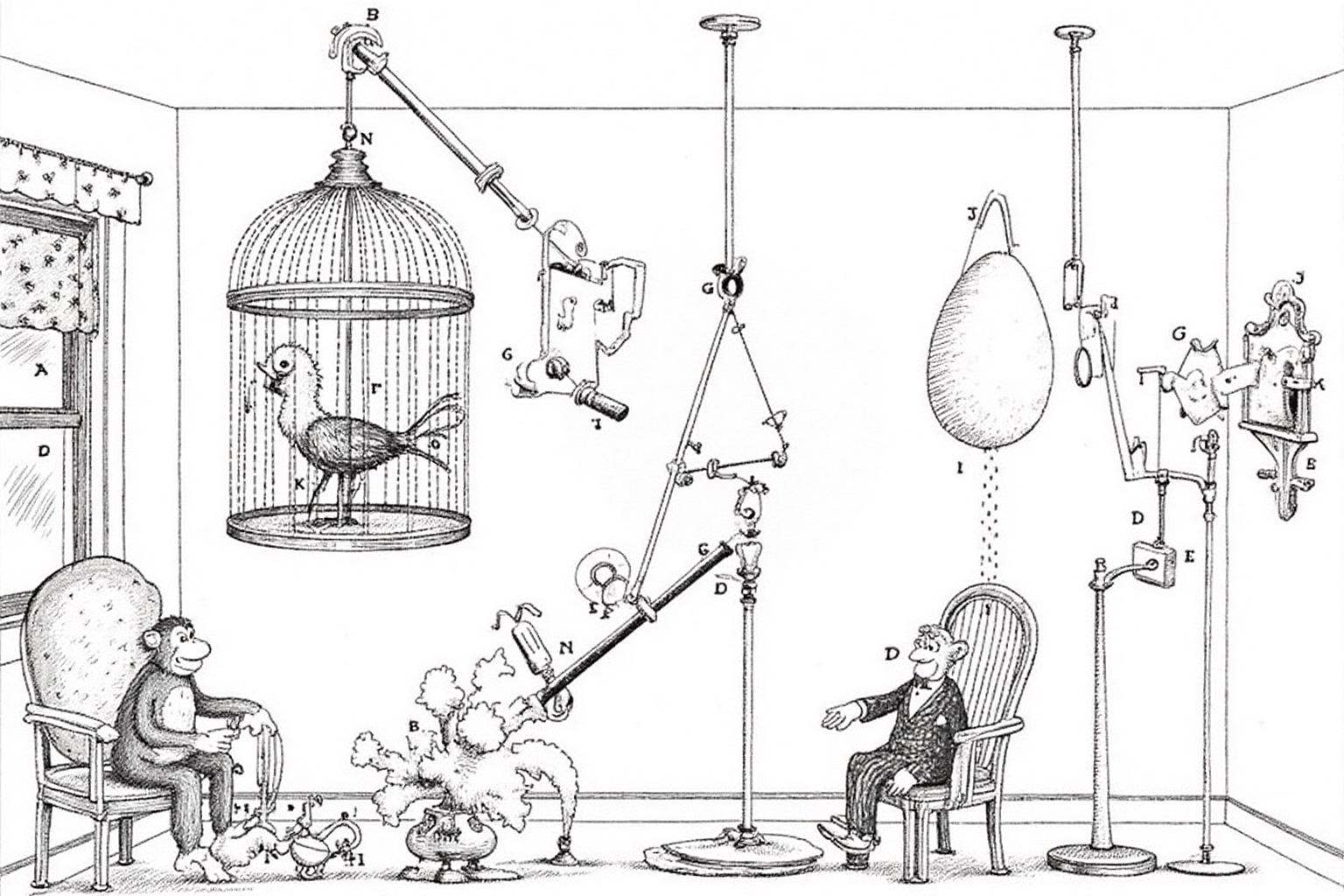 rugo1 illustration. The illustration features various mechanical contraptions and objects in a cluttered,  surreal environ...