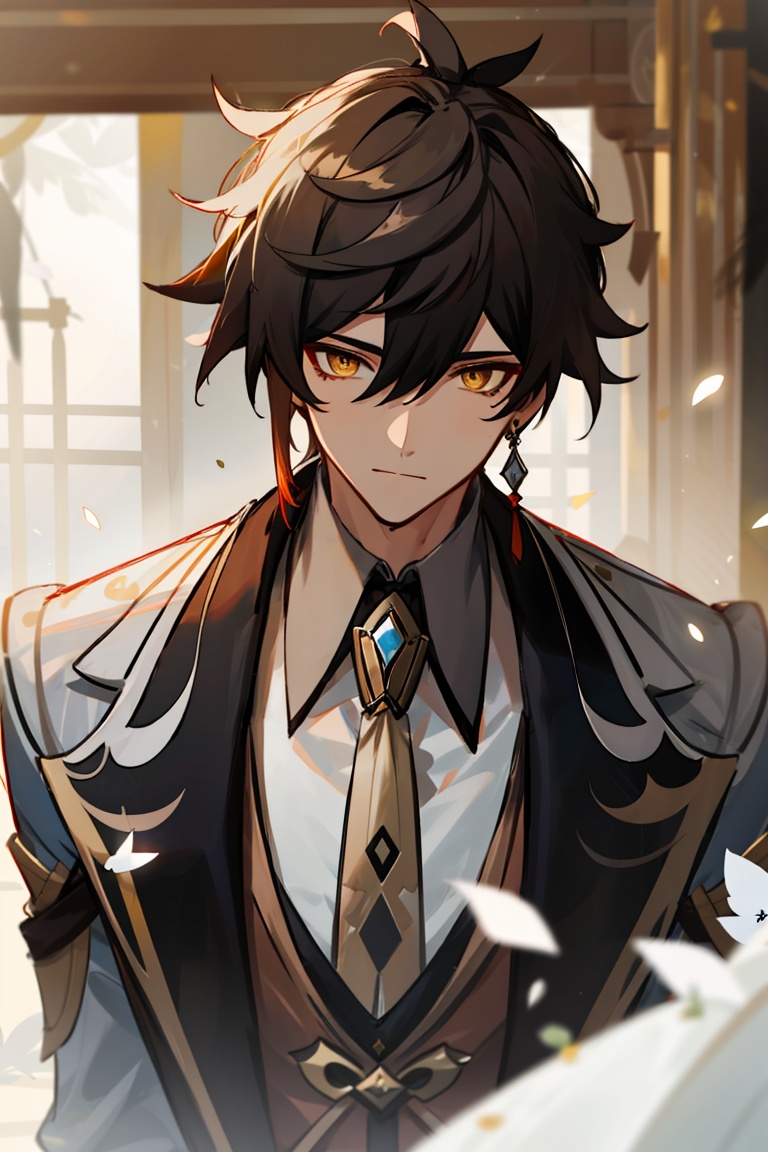 <lora:output_zhongli:0.6>,1boy,male focus,zhongli (genshin impact),solo,gloves,long hair,brown hair,black gloves,jewelry,single earring,hair between eyes,earrings,bangs,long sleeves,tassel,jacket,ponytail,yellow eyes,necktie,tassel earrings,collared shirt,looking at viewer,gradient hair,formal,black hair,shirt,suit,indoor,white petals,