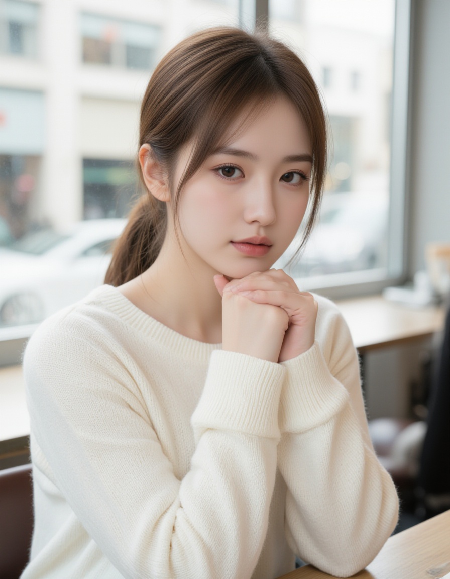 A young woman with fair skin and long brown hair tied back in a loose ponytail,  wearing a white,  long-sleeved sweater. S...