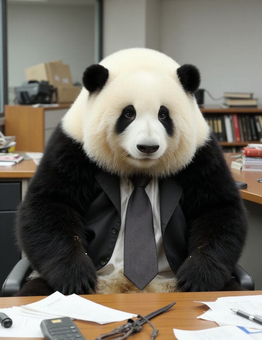 This high-resolution photograph captures a **** panda,  with her distinctive black and white fur,  sitting at an office de...