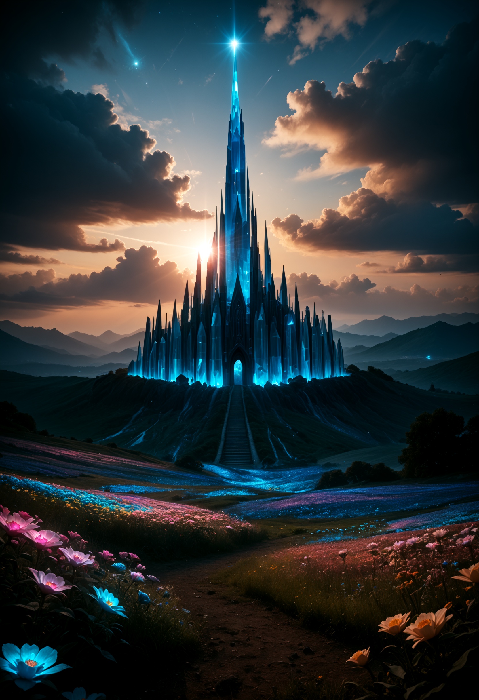 an massive shiny crystal glass tower in an ethereal alien landscape surrounded by glowing flowers crystals,  a sapphire sk...