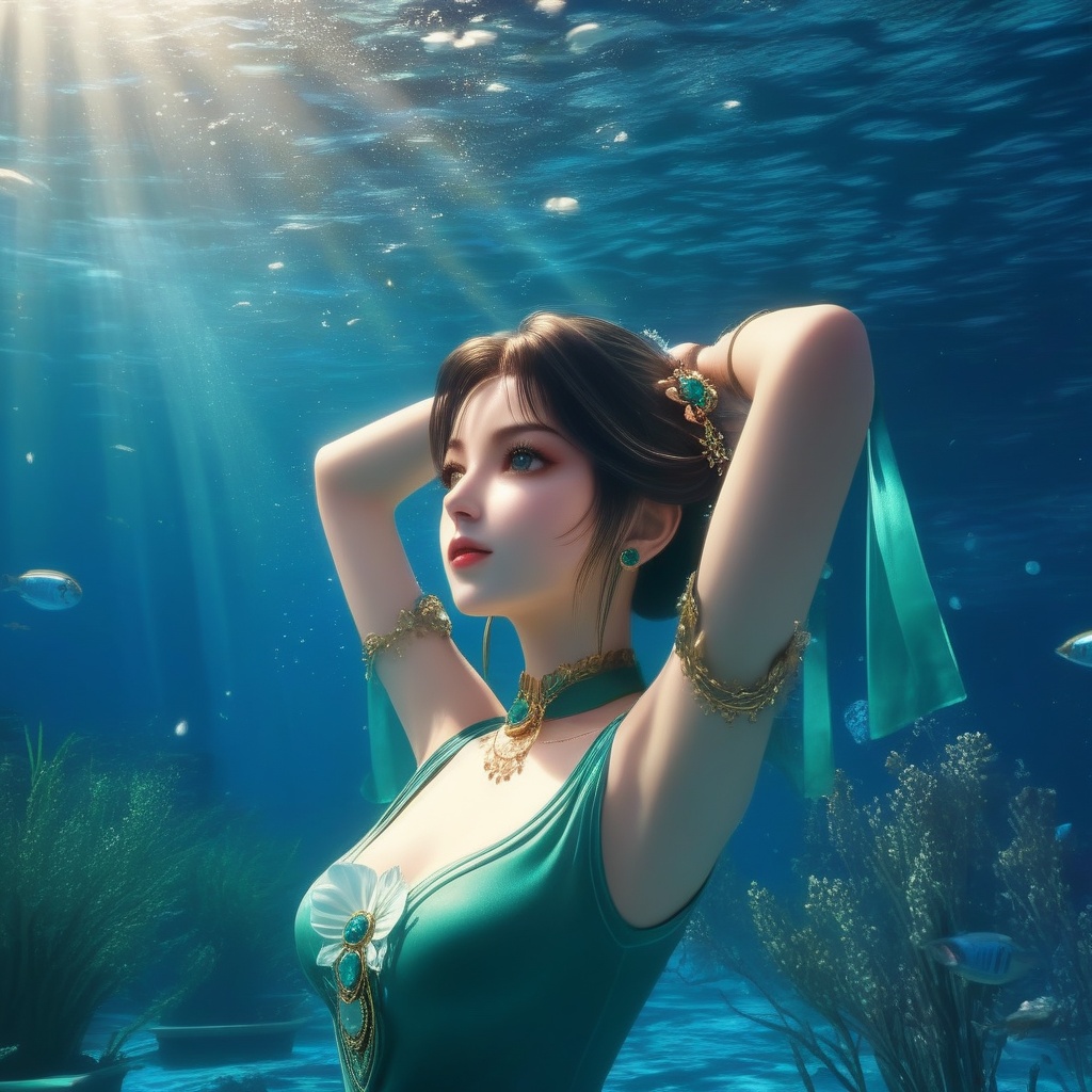 <lora:834-DA-XL-诛仙-碧瑶:0.8>, (,1girl, ,best quality, ),,masterpiece, ((((, solo,  , ,solo focus, ,underwater, )))) ,ultra realistic 8k cg,   clean, masterpiece,     cinematic lighting, cinematic bloom,  (( , )),, , unreal, science fiction, luxury, jewelry, diamond, gold, pearl, gem, sapphire, ruby, emerald, intricate detail, delicate pattern, charming, alluring, seductive, erotic, enchanting, hair ornament, necklace, earrings, bracelet, armlet,,(cleavage),,