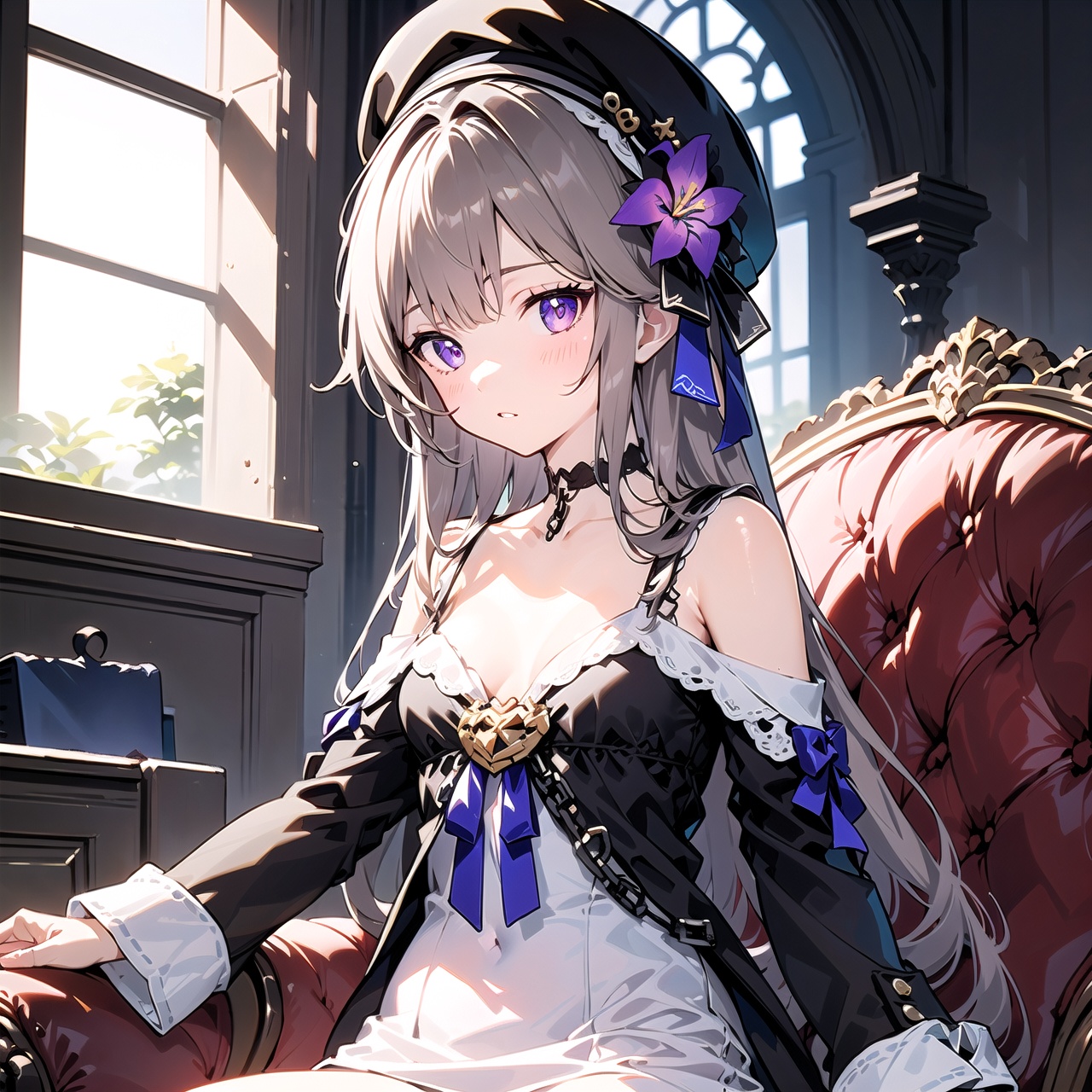 joints,doll joints,1girl,solo,beret,long hair,grey hair,hair ornament,hair flower,purple eyes,choker,bare shoulders,shoulder cutout,dress,long sleeves,ribbon,chain,church,tower,masterpiece,best quality,((ultra detailed)),beautiful illustration,beautiful detailed eyes,(wallpaper),close-up,Blank background,(flat chest),fine brush,