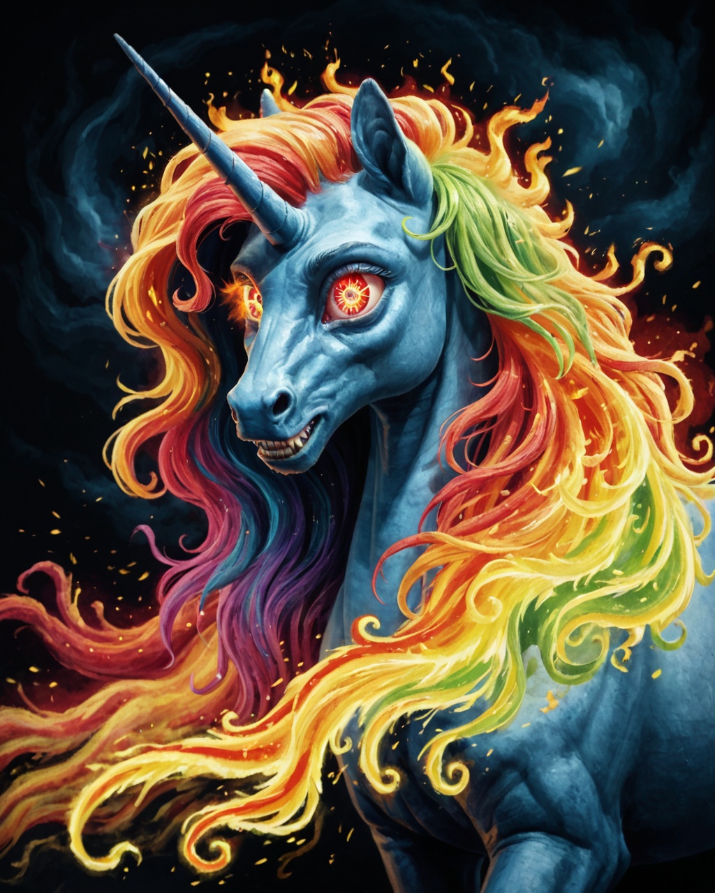 (monster) Zombified rotting unicorn,  rainbow colours,  sparkling eyes on Tensor.Art
