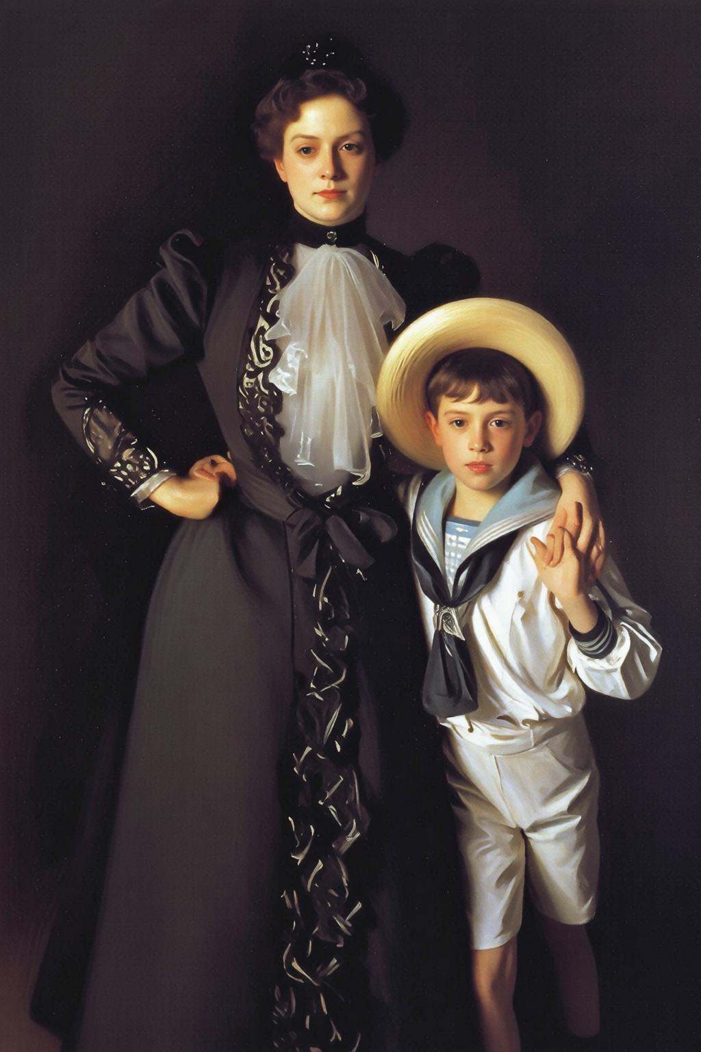 johnsingersargent6q painting.Portrait of a mother and her son standing,  facing the viewer directly. On the left stands th...