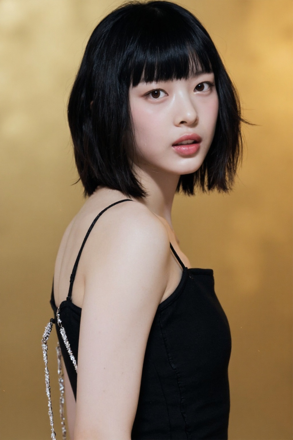 This image showcases a young woman in a minimalistic,  high-fashion pose. She is turned slightly to her right,  with her f...