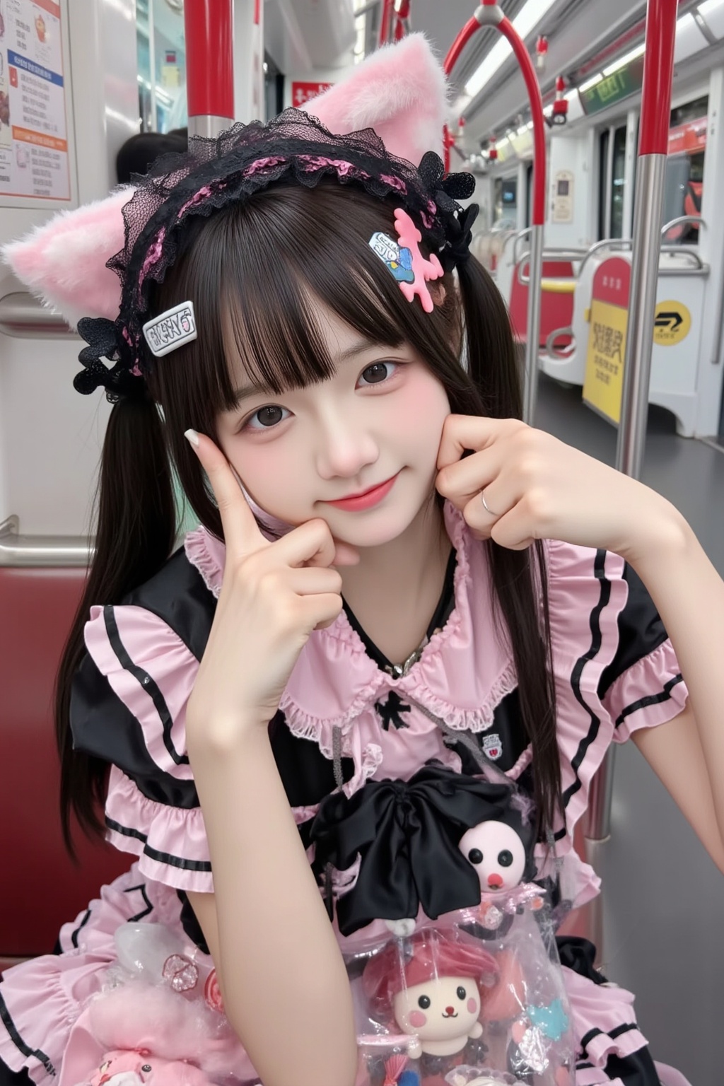 1girl,This is a high-resolution photograph of a young Asian girl sitting on a bus or train, likely in Japan, based on the interior design and signage. She has a fair complexion and straight, dark brown hair styled in pigtails with bangs. Her hair is adorned with a black headband featuring a pink, plush cat earpiece and a small, pink, cartoonish fish accessory. She wears a frilly, black and pink maid costume with a large bow at the chest, ruffled sleeves, and a black choker. Her expression is neutral, with a slight smile. She has a slender physique and her hands are positioned in a relaxed manner, resting on her face. In the background, there are other passengers, and the interior of the vehicle is visible, with a mix of red and white seating and signage. The girl's outfit and accessories suggest a cosplay or cosplay-inspired theme. The photograph captures a playful, whimsical moment, with a blend of cute and edgy aesthetics. <lora:萌妹FLUX-14:0.6>