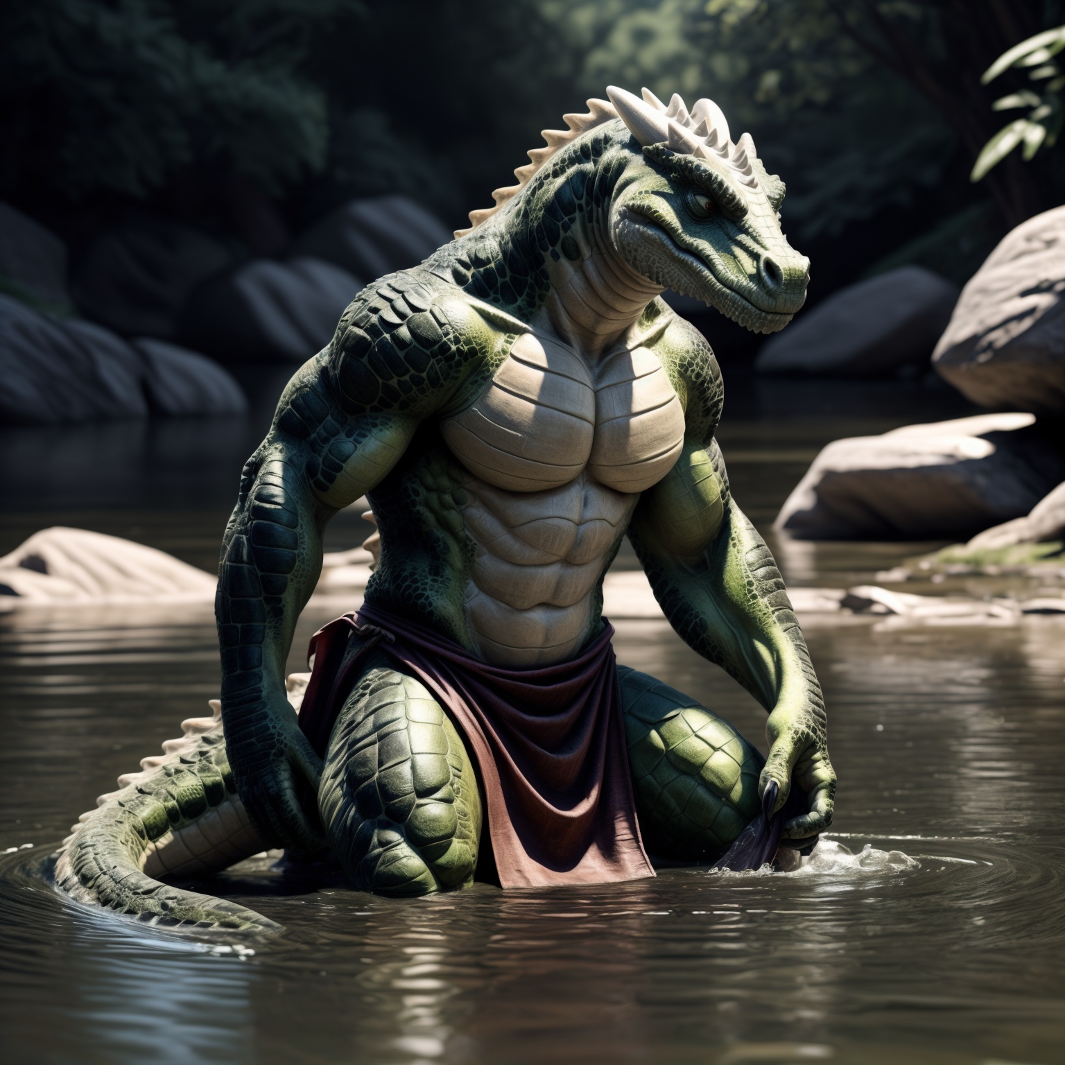 Skaash_(a male lizardfolk covered in rough scales and with a long_tail) wading in a river,  wearing a loincloth,  concentr...