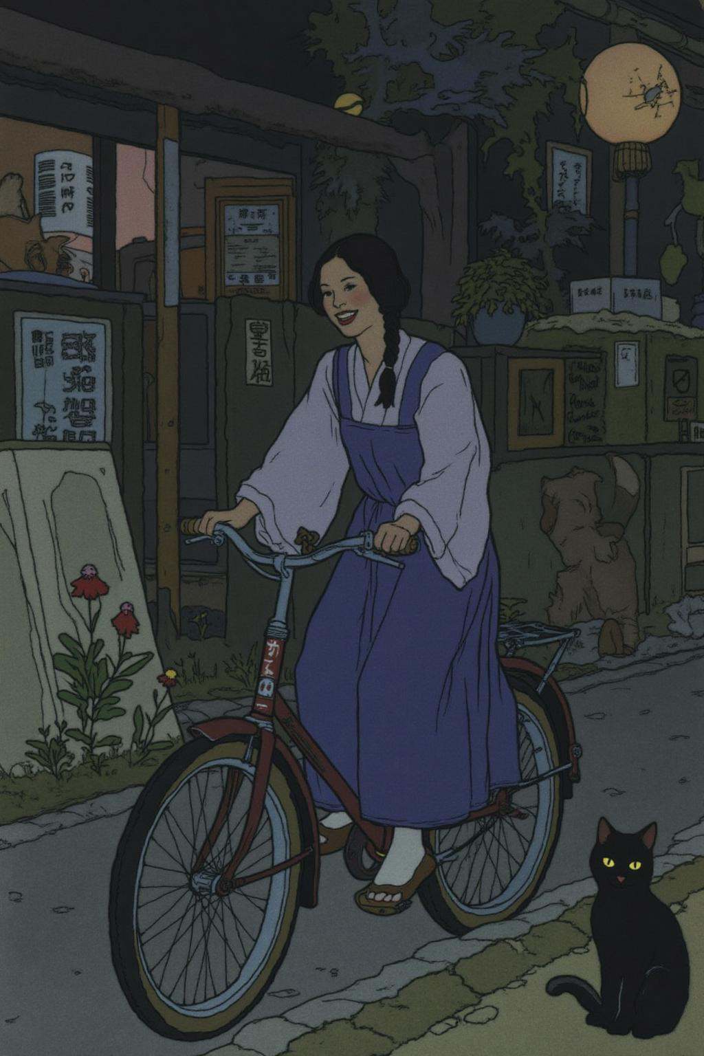 ivanbilibin1 illustration.A Japanese school girl riding a old style bicycle through a narrow,  quiet street at night. The...