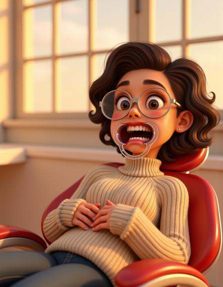 A **whimsical Disney/Pixar-style 3D-rendered illustration** of a **cute,  quirky brunette with oversized glasses and bounc...