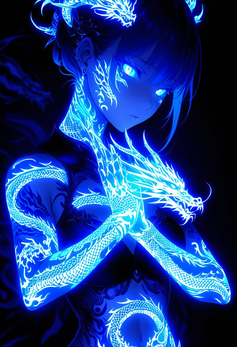 A female 3D CG character with intricate glowing blue dragon tattoos covering her arms,  hands,  and face. The tattoos emit...
