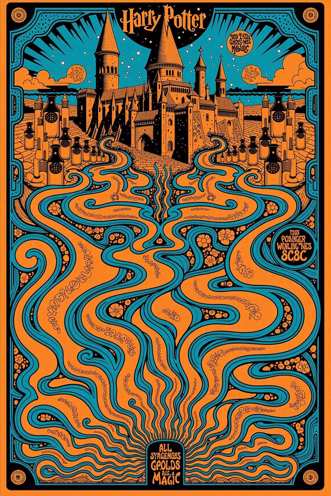 psypop,  70s psychedelic style poster of a "Harry Potter Magic" psychedelic 1970s pop art poster,  vibrant Hogwarts castle...