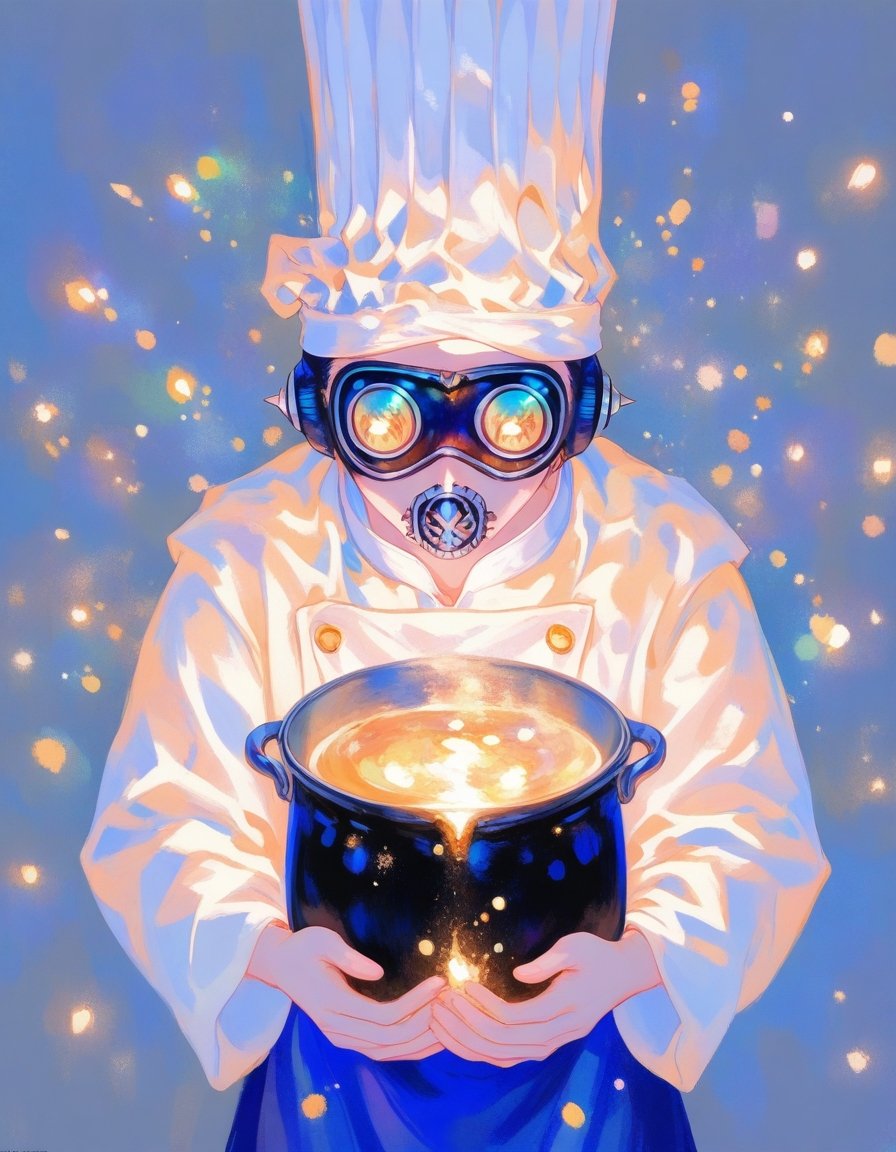 A cute kitten is cooking,  wearing a chef's hat on her head and holding a pot in her hand,  against a hand-knitted kitchen...