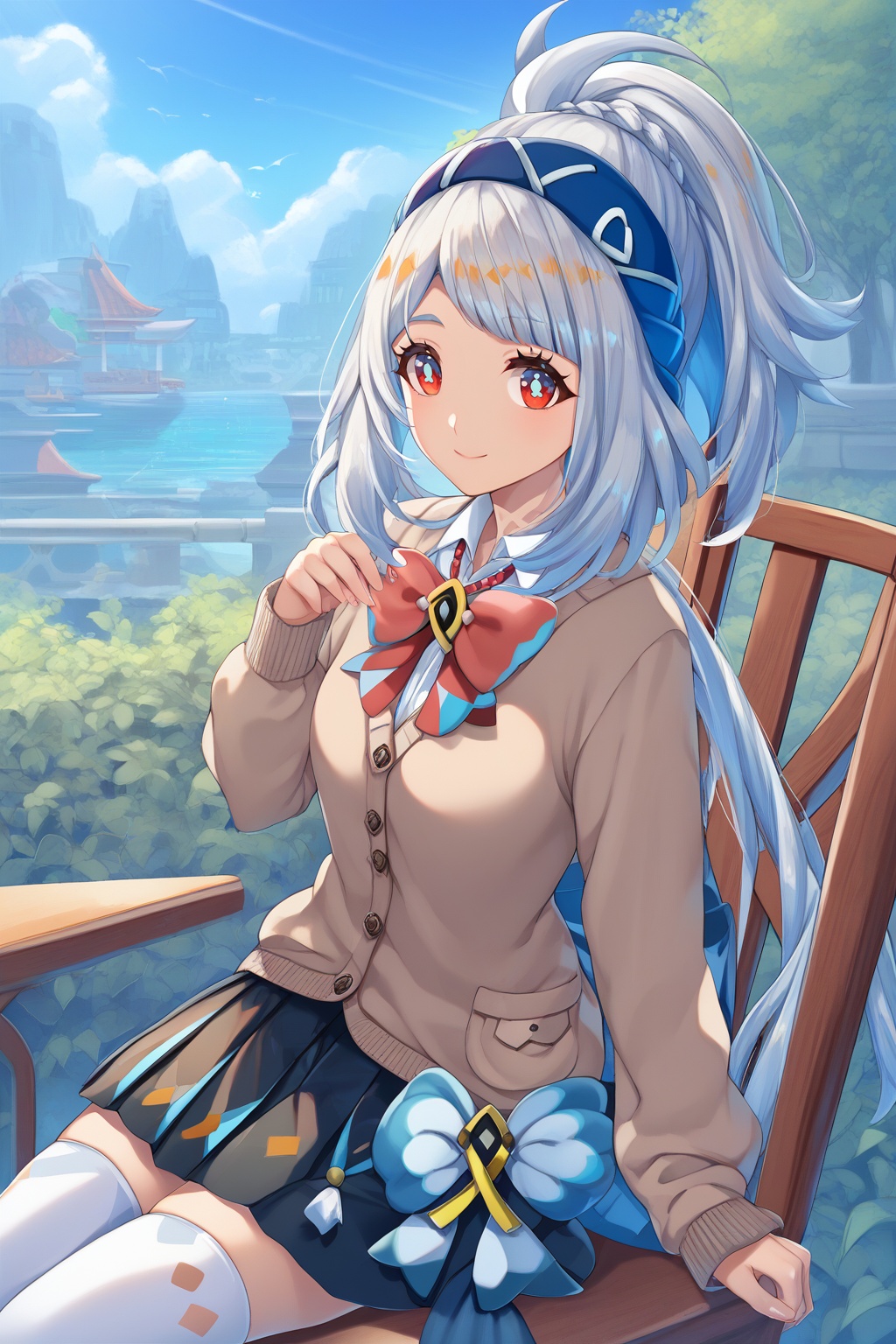 score_9,score_8_up,score_7_up,score_6_up,score_5_up,score_4_up,source_anime,source_cartoon,<lora:mualaniTUPONYXL-000001:1>,mualani \(genshin impact\),1girl,solo,skirt,white hair,red eyes,bow,sitting,black skirt,bowtie,red bow,school uniform,cardigan,pleated skirt,red bowtie,shirt,ponytail,closed mouth,looking to the side,smile,brown cardigan,blue hairband,outdoors,chair,white thighhighs,mary janes,fish-shaped pupils,outdoors,