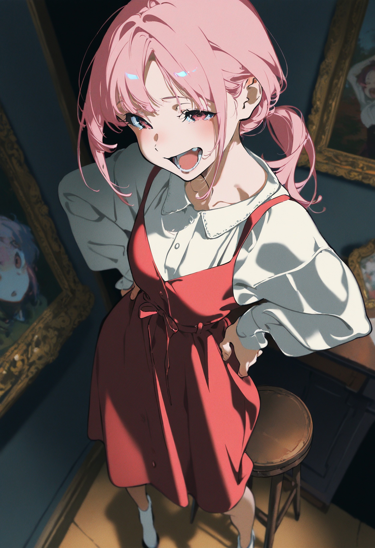 masterpiece,best quality,amazing quality,very aesthetic,absurdres,newest,impactful picture,offcial art,movie perspective,yoneyama mai,,cute painting style,dark,Cute girl wearing dress standing on stool with hands on hips and laughing with open mouth,pink hair,low ponytail and slanted bangs,