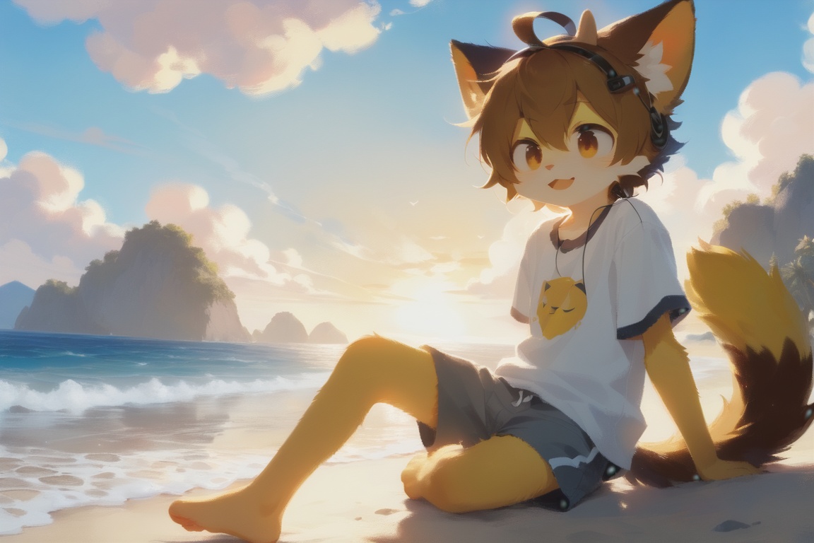 ahoge, furry, Children with bells and headphones, furry, open mouth, Big fluffy tail, An eight-year-old boy, Not a spot on the whole body, Yellow cat ears and brown antlers, Gray shorts, White shirt, The size of the cat, Juvenile, Skinny body type, 1boy, cat boy, furry, cub, ultra cute face, full body, perfect lighting, masterpiece, ultra detailed, White clothes,  ultra detailed fur, Beach, outside, The blue sky and white clouds, Alone,barefoot