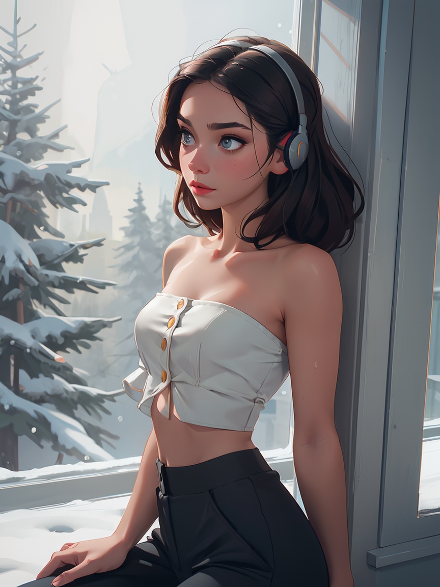 Photo of Daydreaming girl. Highly detailed expressive eyes. and sweat pants. Wearing wireless headphones. Light make-up. D...