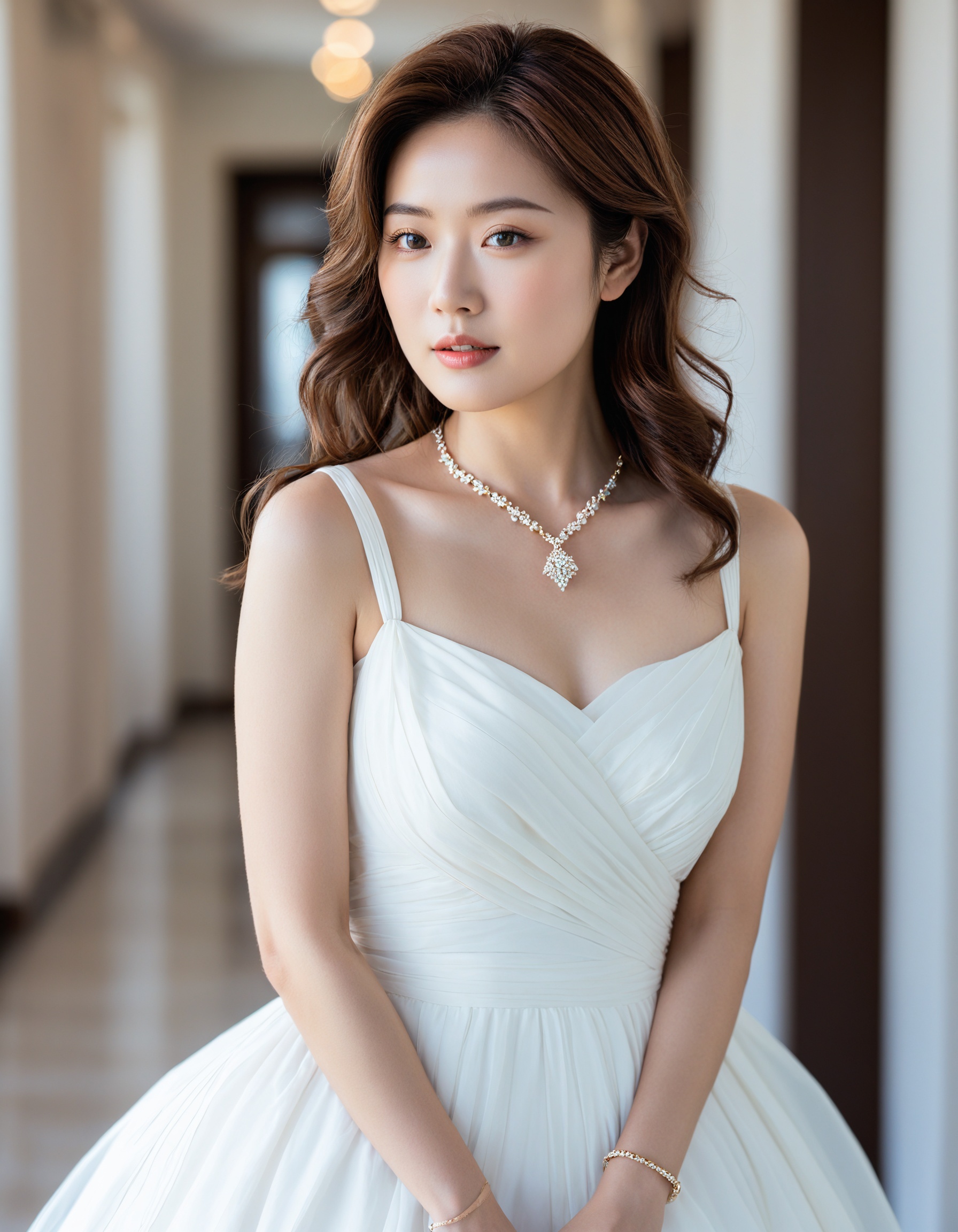 A masterpiece of a photograph. Capture a stunning,  close-up portrait of an Asian female wearing a flowing white dress,  h...