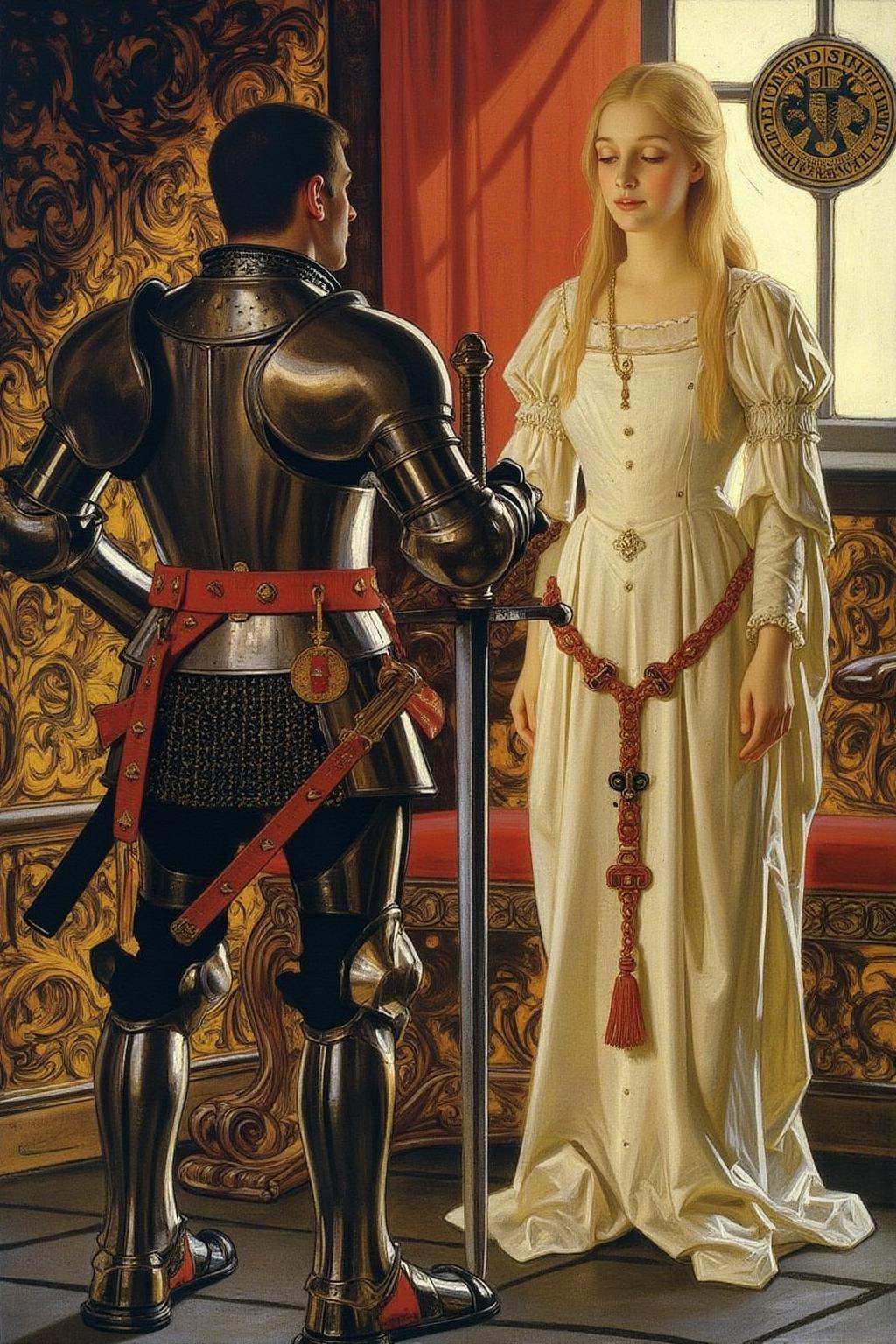jcleyen1 painting.The scene depicts a medieval setting with rich,  warm colors and intricate details. A knight,  clad in f...