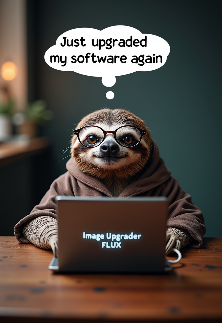 a professional photo of A sloth mit magic robe sitting at a desk with a tiny laptop,  wearing glasses and looking very ser...