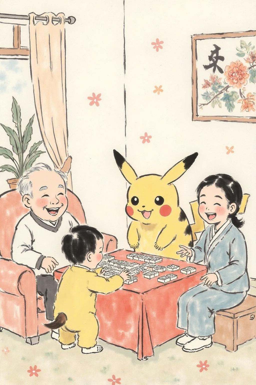 xbh1 minimalist ink painting. Pikachu plays mahjong with family in a cozy living room in a festive decoration in Chinese n...