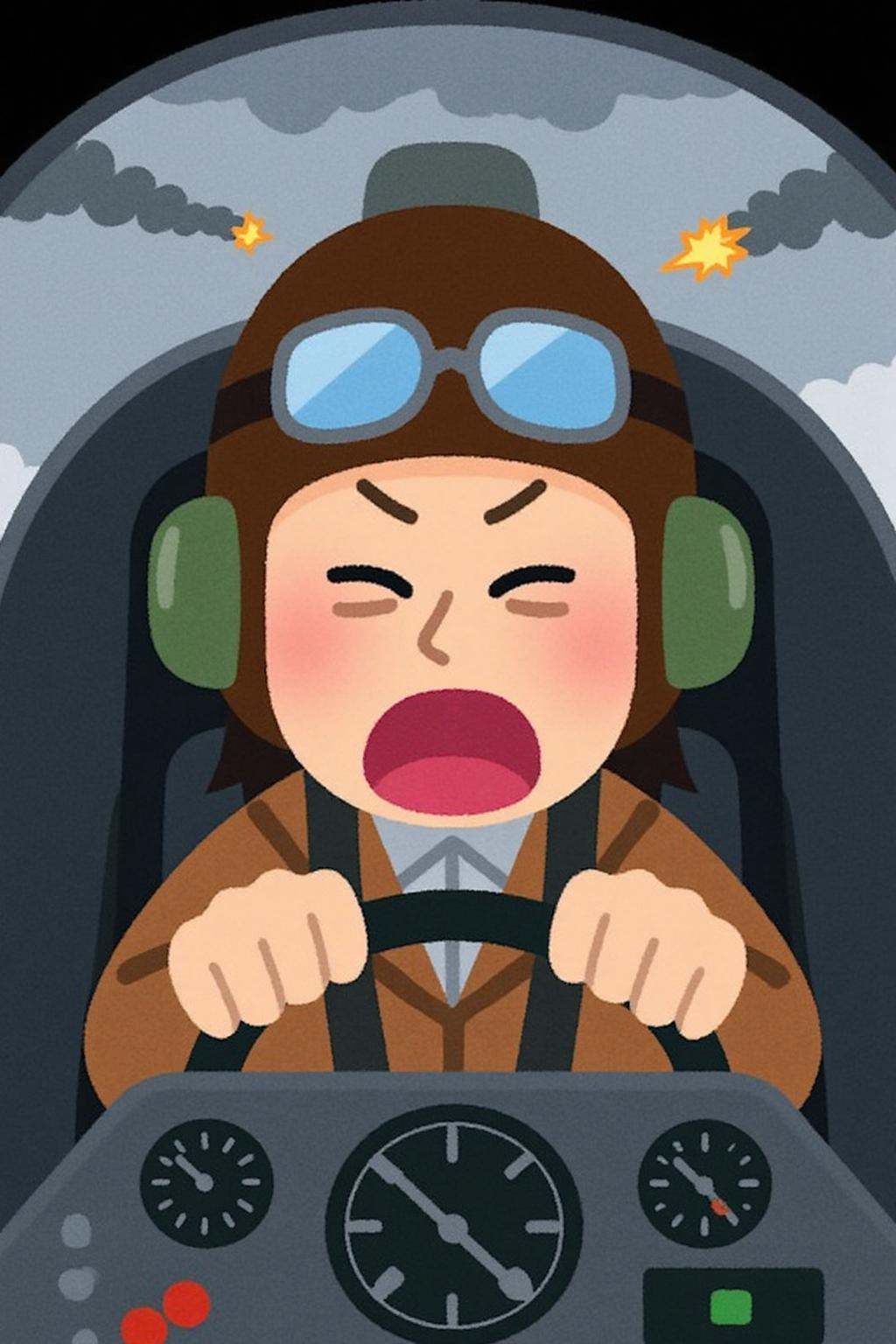 irasutoya1 illustration.A female pilot screaming inside the cockpit of a World War II bomber. The pilot,  wearing a vintag...