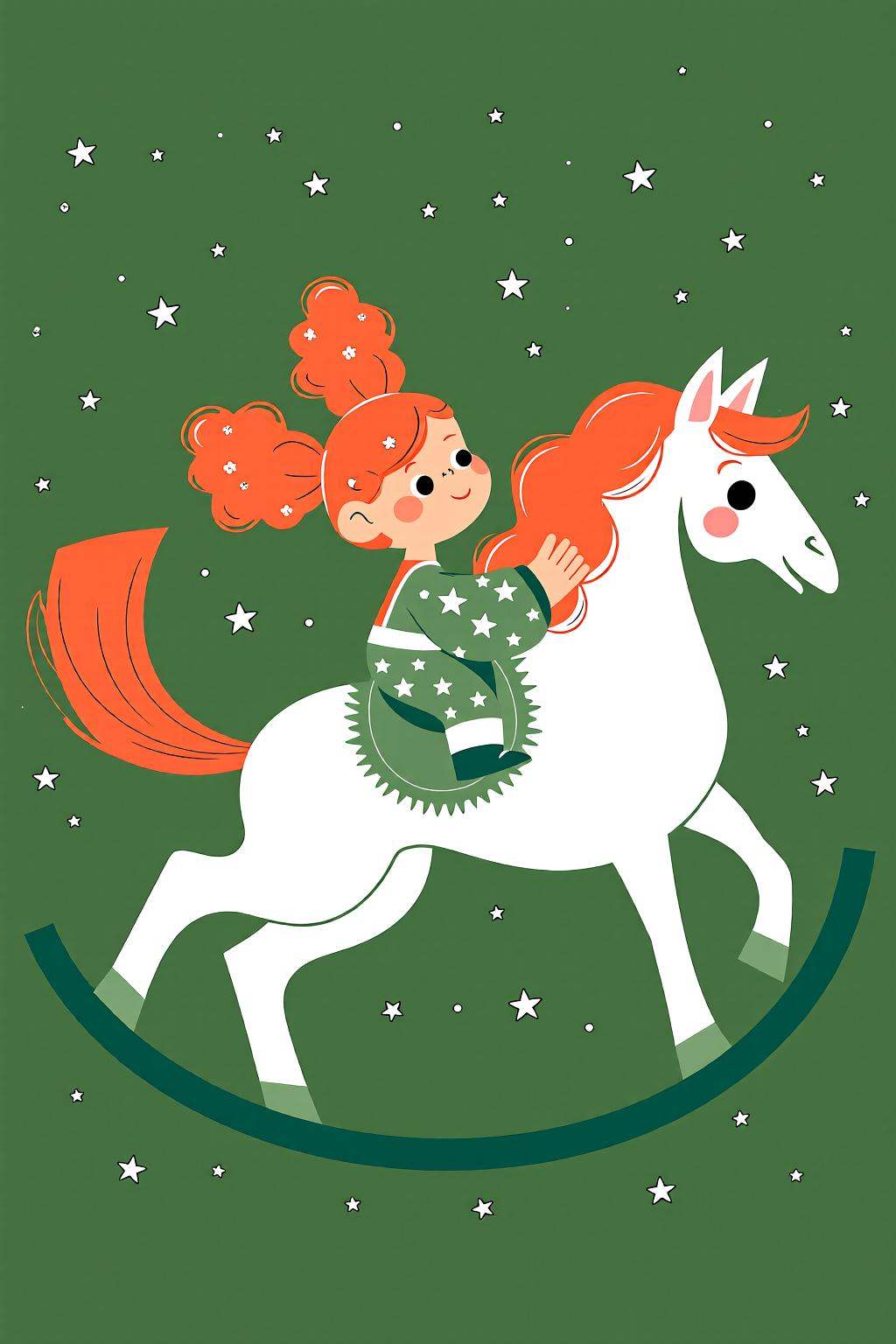 flatcolorvectorart2q illustration.A young girl with curly red hair is riding a white horse. She is wearing a green outfit...