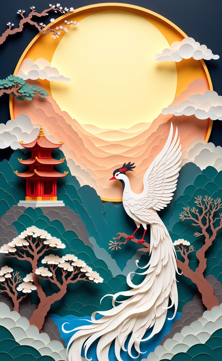 miluo_jianzhi, This is a digital illustration in a traditional Chinese art style. It features a majestic white crane with a flowing tail, perched on a branch amidst stylized, layered mountains. The background showcases a glowing sunset with a golden sun peeking through clouds. On the left, a traditional red pagoda with golden accents stands prominently. To the right, a leafless tree with white blossoms contrasts against the dark, textured mountains. The scene is serene and harmonious, with soft gradients and intricate details. paper-cut <lora:剪纸艺术-flux-V1.6:1>
