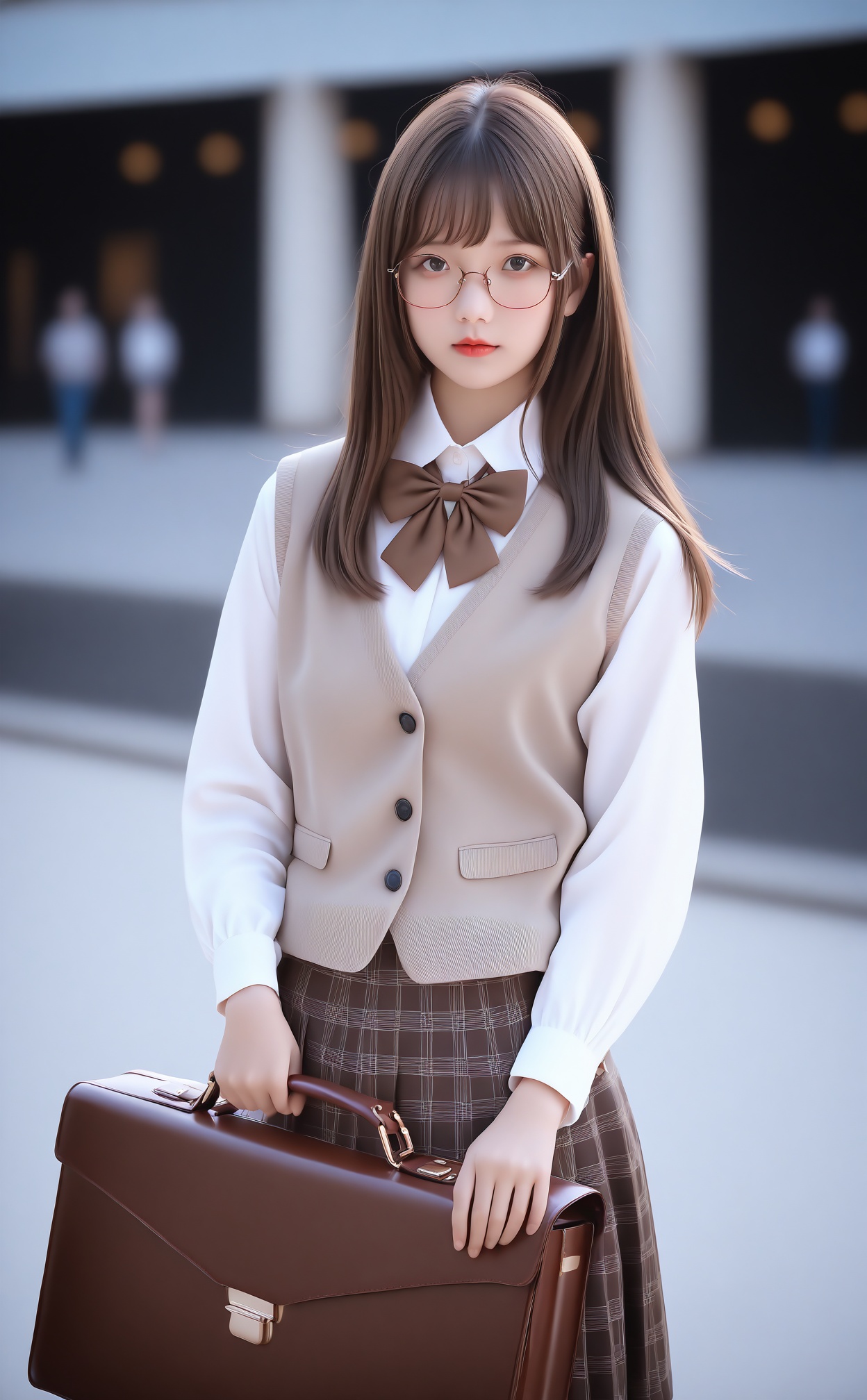 masterpiece,best quality,high quality,1girl,solo,brown hair,shirt,glasses,holding,long sleeves,long hair,red lips,holding bag,blurry,bowtie,skirt,briefcase,bow,white shirt,bag,blurry background,collared shirt,photorealistic,brown bag,vest,brown bow,looking at viewer,dated,suitcase,holding briefcase,realistic,closed mouth,photo background,brown bowtie,lipstick,