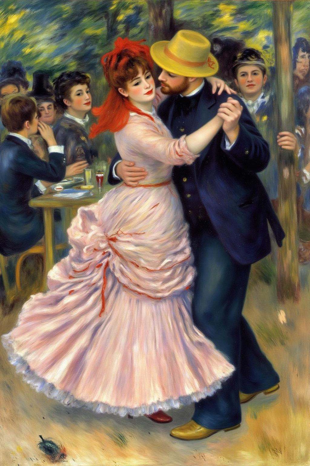 pierreaugusterenoir1 painting. A couple dancing in the foreground,  dressed in period attire. The woman is wearing a flowi...