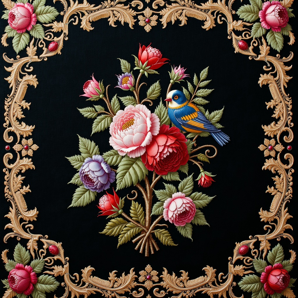 embroidery,there is a picture of a bird and flowers on a black background,floral embroidery,victorian textiles,embroidered brocade,fabric embroidery,luxury journal cover,baroque cloth,highly detailed pattern,panel of black,8k fabric texture details,flowers. baroque elements,baroque wallpaper,intricate dark background,flower motif,ornate background,fine foliage lace,black rococo,ornate decorative background,inside stylized border,1 8 th century spring ornaments,decorative border,beaded embroidery,baroque frame border,background **** of big curtains,detailed lacework,directoire style,very detailed black feathers,filigree border,jewel embellishment,extremely intricate high detail,chinoiserie pattern,richly detailed colored,ornamental edges,