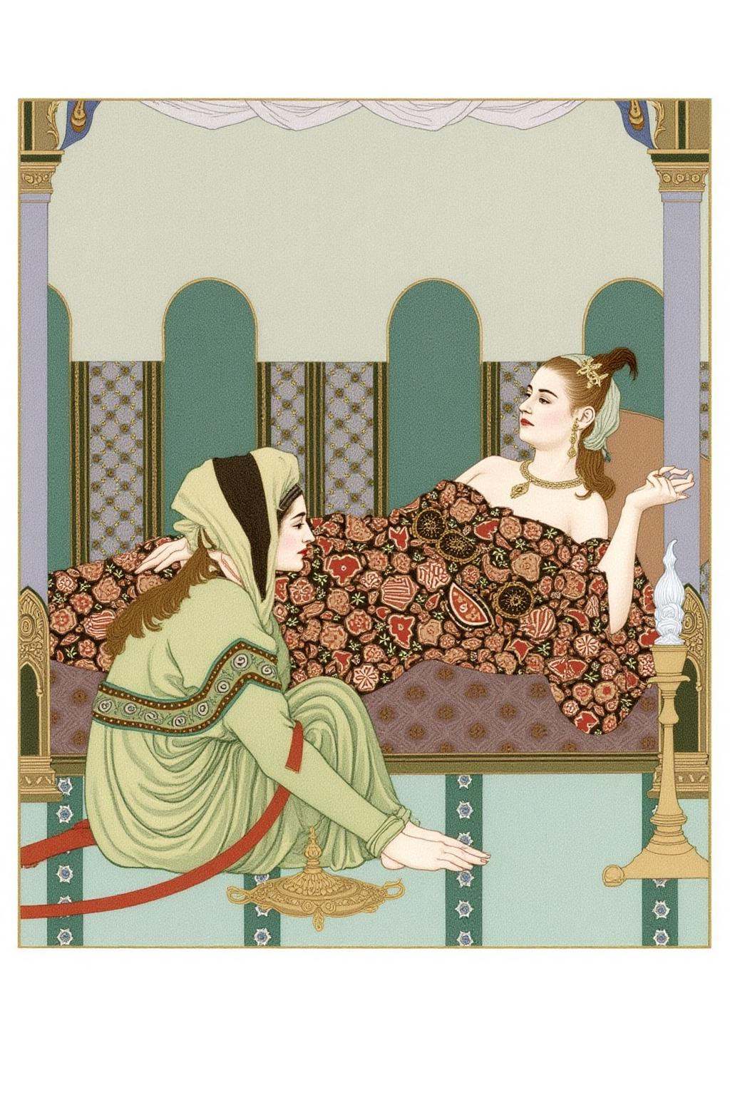 olgadugina1 illustration. Two women dressed in elaborate,  historical Arab-style flowing garments with floral and geometri...