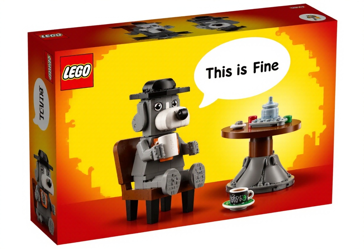 The image is a photograph of a LEGO set box for the "This is Fine" set. The box is rectangular with a gradient background...