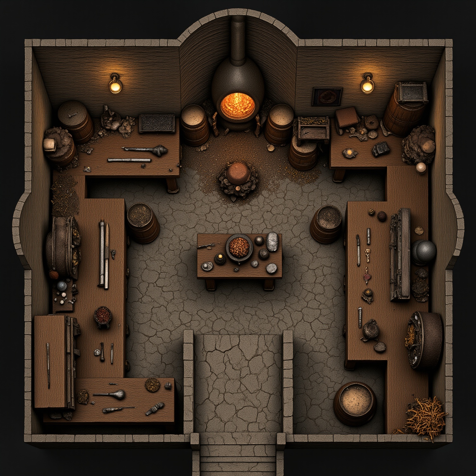 A medieval-style blacksmith’s interior: rough stone floor,  coal furnace glowing orange,  wooden workbenches covered in to...