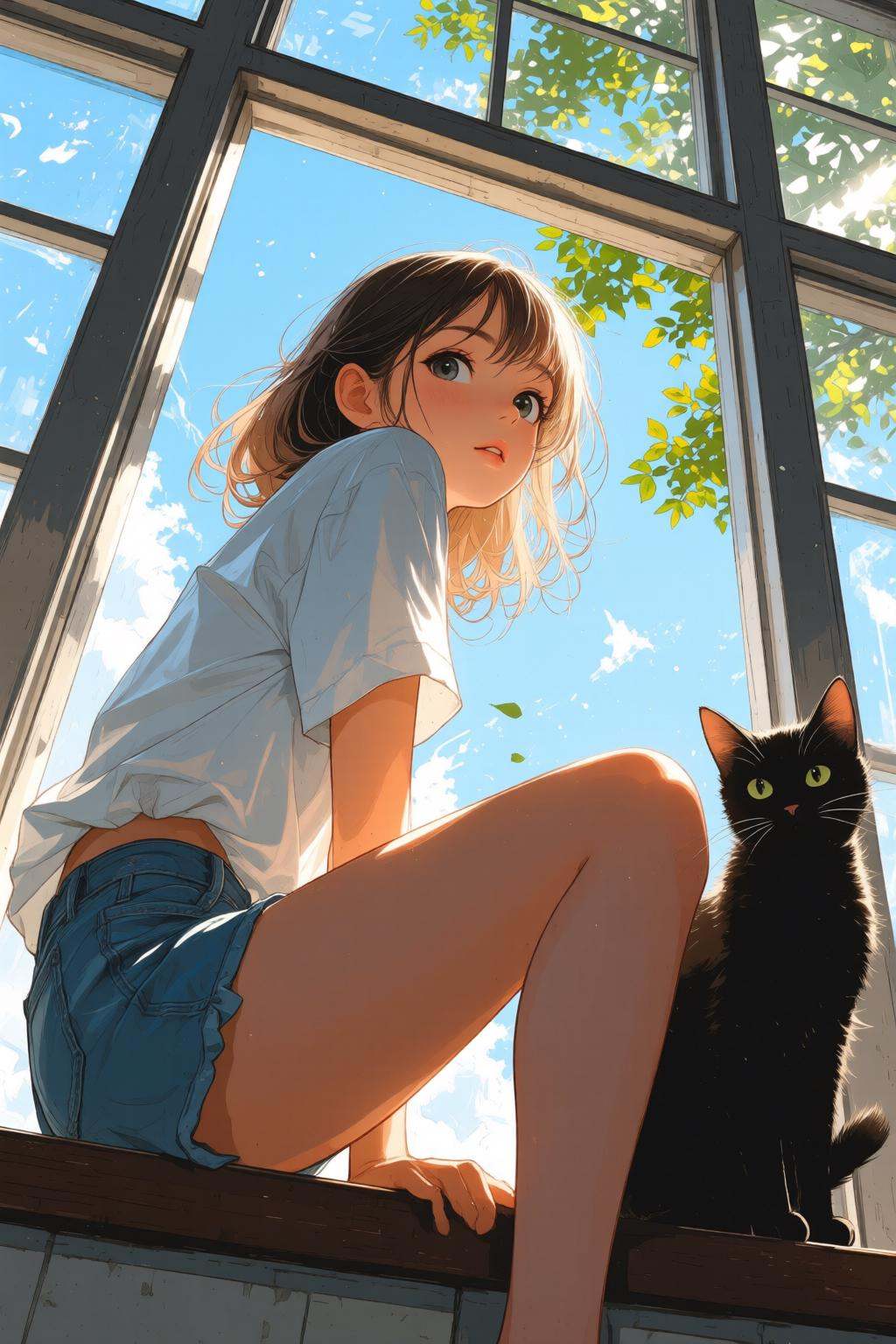 nijimix6q anime style illustration.Low-angle view of a young woman,  shown in side profile,  sitting by a window. She is l...