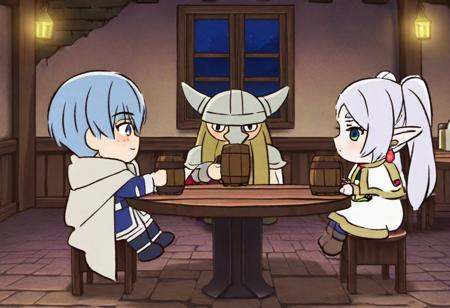 <lora:mofafulilian_ill-xl-000090:1>,1girl, frieren, horned_helmet, pointy_ears, elf, multiple_boys, 2boys, helmet, mole_under_eye, blue_hair, dwarf, twintails, white_capelet, jewelry, sitting, earrings, fake_horns, blue_eyes, green_eyes, mole, long_hair, cup, capelet, mug, brown_footwear, night, armor, pantyhose, boots, horns, holding_cup, holding, black_pantyhose, cape, indoors, beard, short_hair, beer_mug, window, blush, white_hair, white_cape