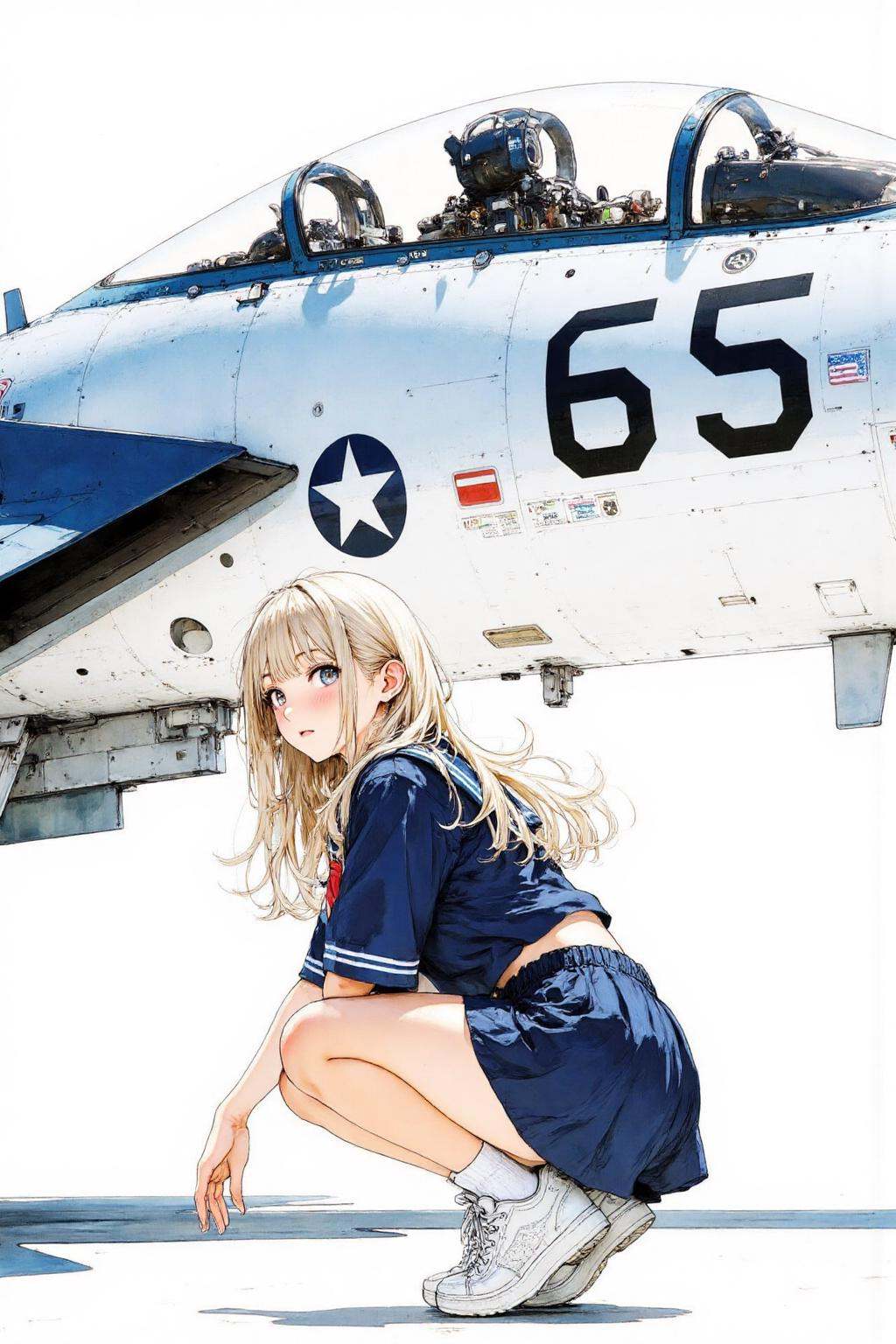 nijiwatercolor1q anime illustration.A young woman with long blonde hair,  wearing a blue sailor-style outfit and white sne...