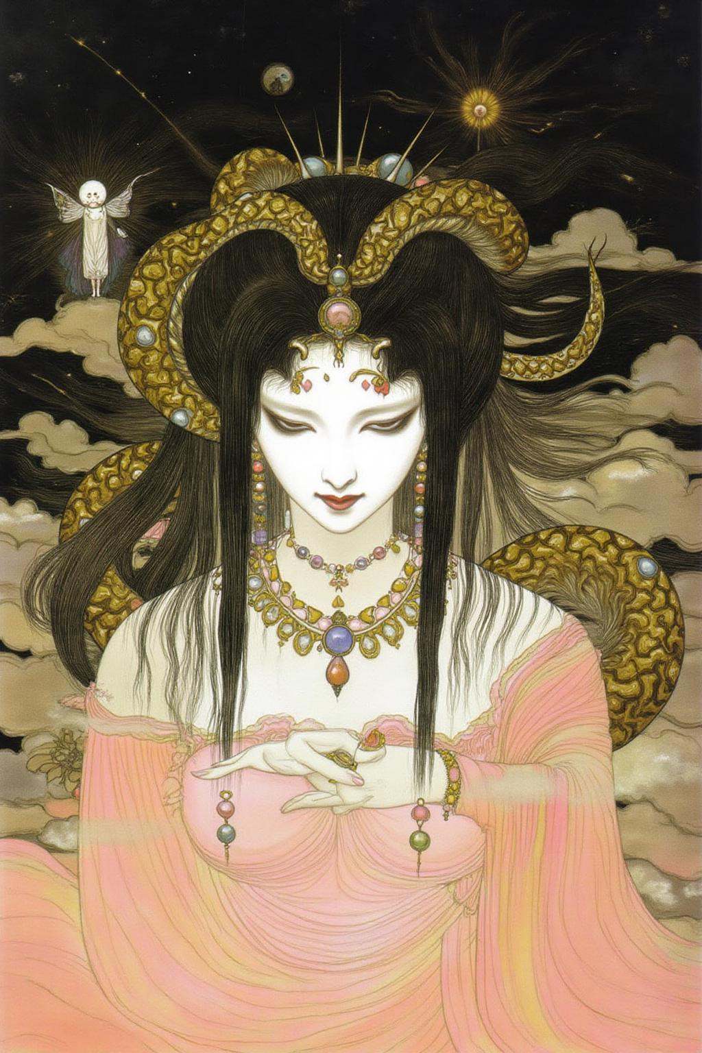 amayo illustration.A surreal and mystical illustration of a celestial goddess with flowing black hair adorned with golden...