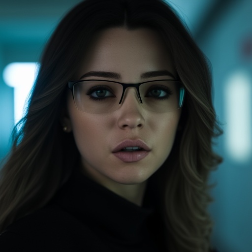 rectangular glasses that frame her expressive,  adding a touch of elegance and sensuality to her appearance.,  rectangular...