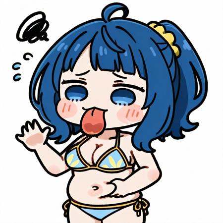 <lora:tongue out_ill-xl:1>,chibi,tongue,tongue out,upper body,waving,<lora:make_heroine_ga_oo_sugiru_style_ill-xl-v0.1-000013:1>,1girl,yanami_anna,swimsuit,bikini,solo,breasts,side-tie_bikini_bottom,navel,white_background,scrunchie,halterneck,simple_background,cleavage,open_mouth,squiggle,blue_bikini,hair_scrunchie,yellow_scrunchie,medium_breasts,cowboy_shot,blush,string_bikini,flying_sweatdrops,hair_ornament,standing,cut_bangs,large_breasts,belly_grab,
