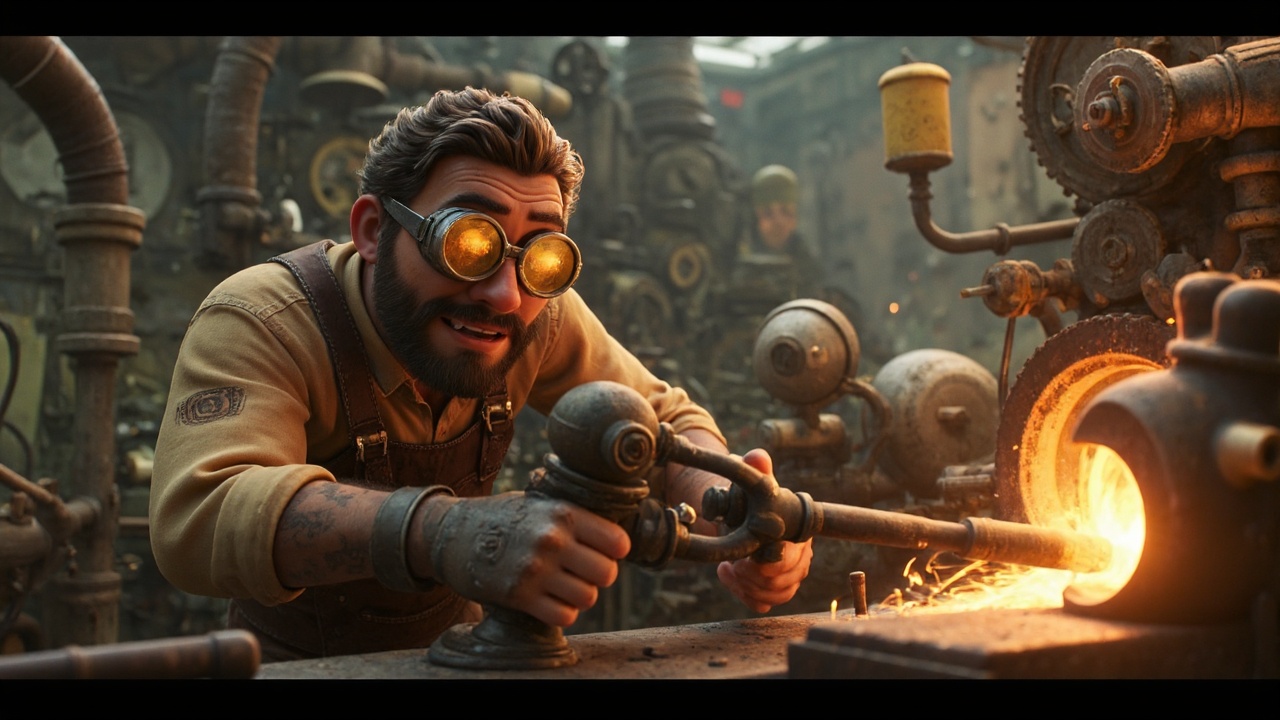 A CGI scene depicting a steampunk inventor works diligently in a cluttered workshop filled with gears,  pipes,  and half-f...